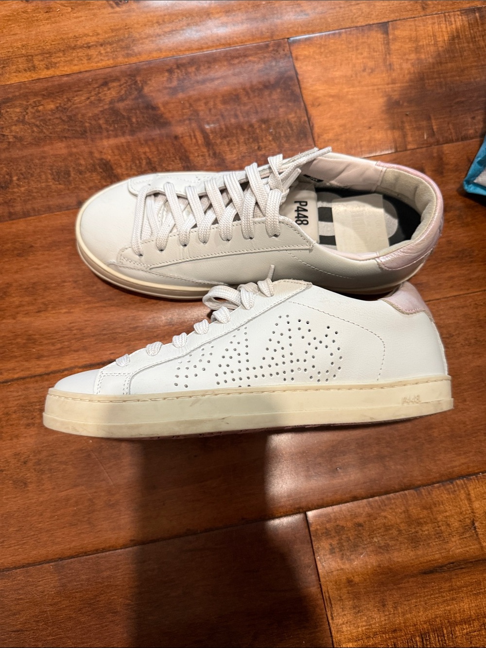 P448 White Leather Sneakers with Pink Metallic Heel Tab